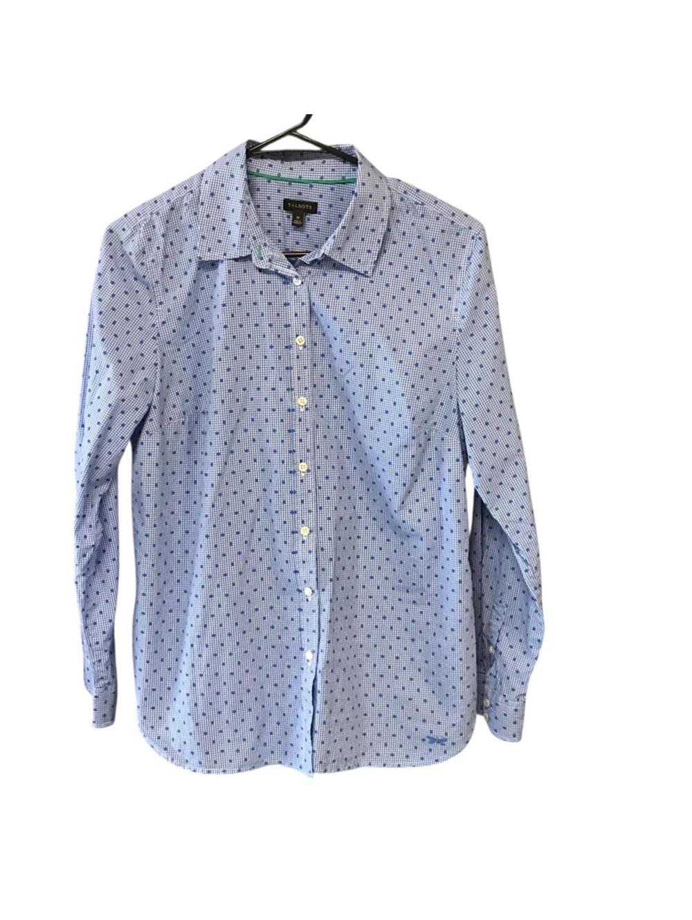 Talbots Blue Polka Dot Gingham Shirt Women M cotton fitted preppy office
